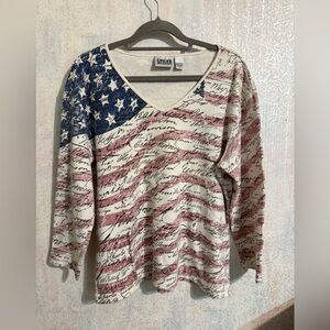 Chico's Red, White, and Blue Script Long Sleeve Top, Chico’s Sz 3, 100% Cotton